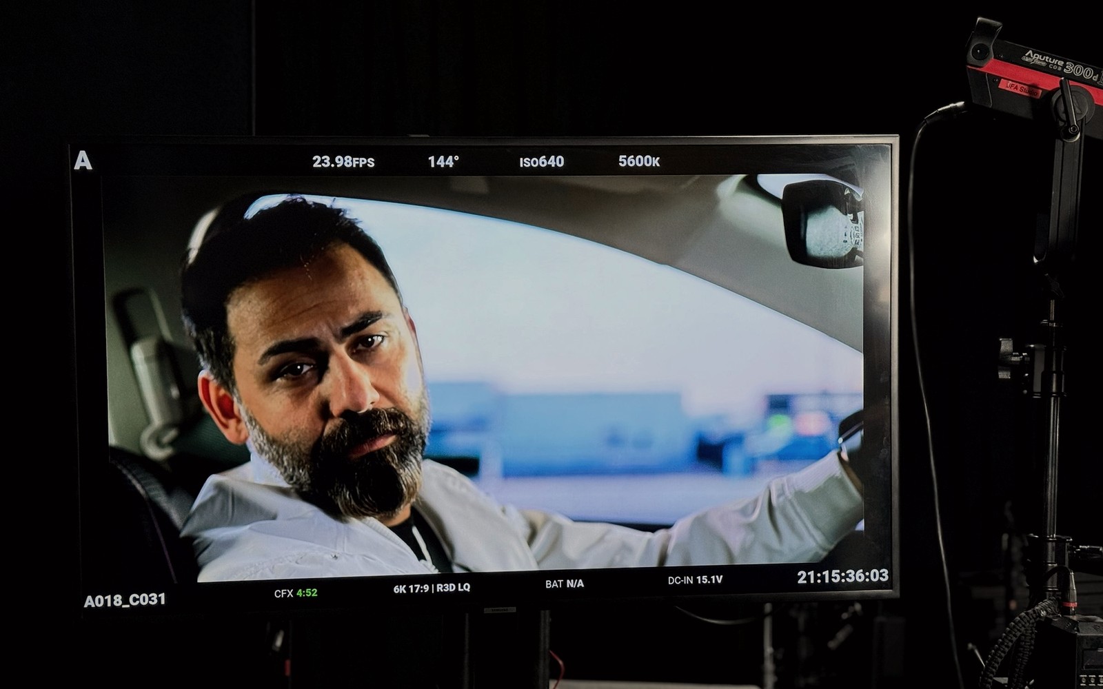 Cinematic close-up performance seen on a professional production monitor
